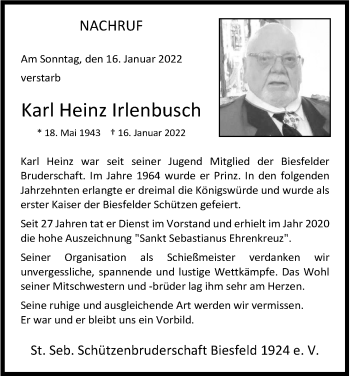 Anzeige von Karl Heinz Irlenbusch von Kölner Stadt-Anzeiger / Kölnische Rundschau / Express