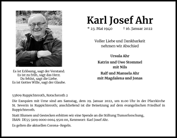 Anzeige von Karl Josef Ahr von Kölner Stadt-Anzeiger / Kölnische Rundschau / Express