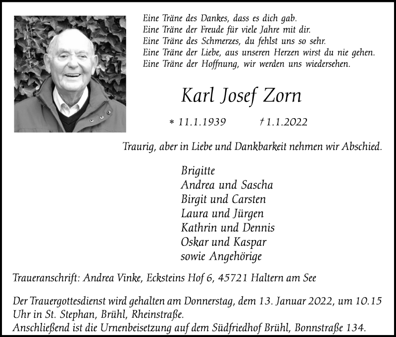  Traueranzeige für Karl Josef Zorn vom 08.01.2022 aus Kölner Stadt-Anzeiger / Kölnische Rundschau / Express