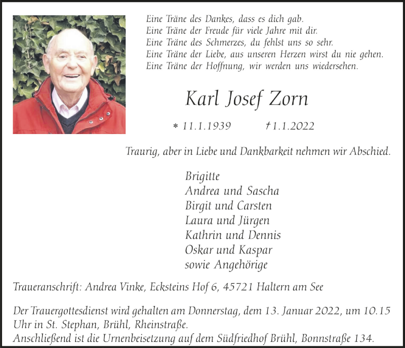  Traueranzeige für Karl Josef Zorn vom 07.01.2022 aus  Schlossbote/Werbekurier 