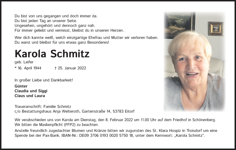  Traueranzeige für Karola Schmitz vom 29.01.2022 aus Kölner Stadt-Anzeiger / Kölnische Rundschau / Express