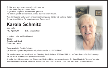 Anzeige von Karola Schmitz von Kölner Stadt-Anzeiger / Kölnische Rundschau / Express