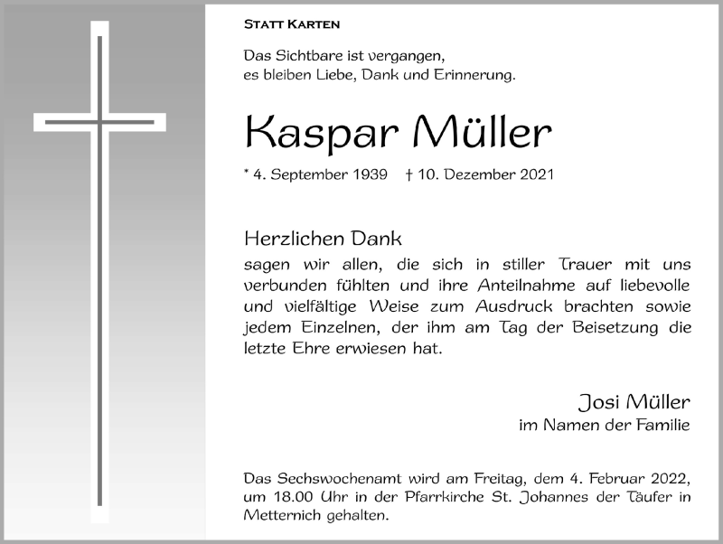  Traueranzeige für Kaspar Müller vom 22.01.2022 aus  Blickpunkt Euskirchen 