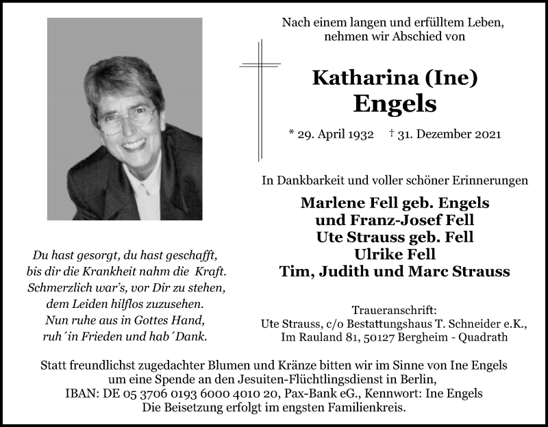  Traueranzeige für Katharina Engels vom 08.01.2022 aus Kölner Stadt-Anzeiger / Kölnische Rundschau / Express