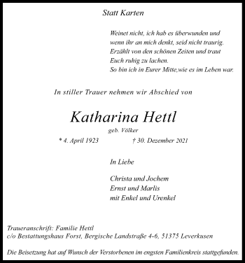 Anzeige von Katharina Hettl von Kölner Stadt-Anzeiger / Kölnische Rundschau / Express