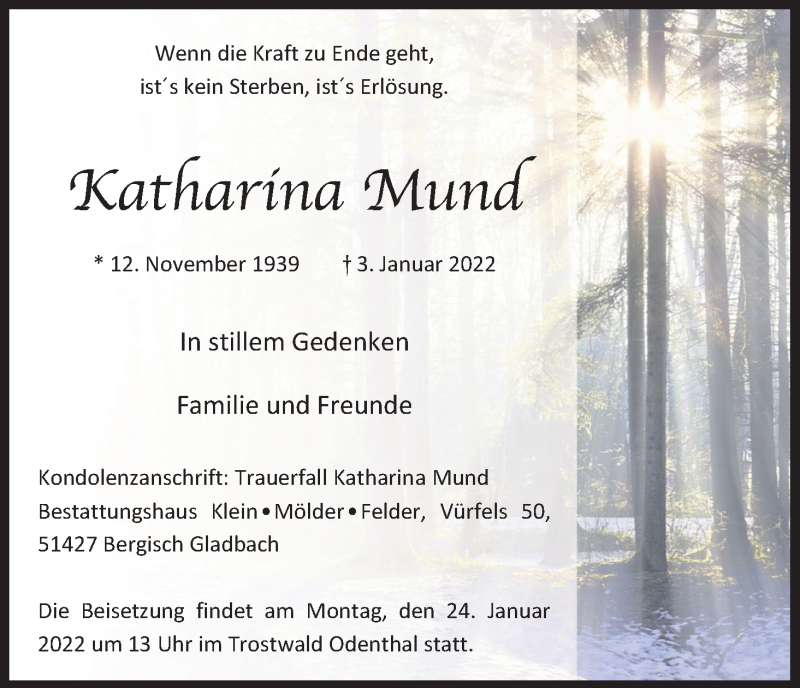  Traueranzeige für Katharina Mund vom 15.01.2022 aus Kölner Stadt-Anzeiger / Kölnische Rundschau / Express