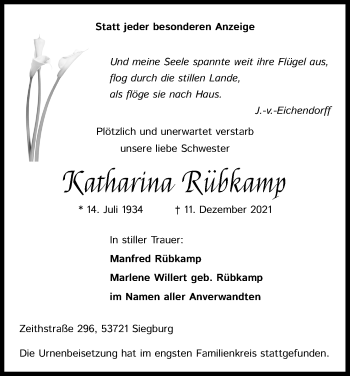 Anzeige von Katharina Rübkamp von Kölner Stadt-Anzeiger / Kölnische Rundschau / Express