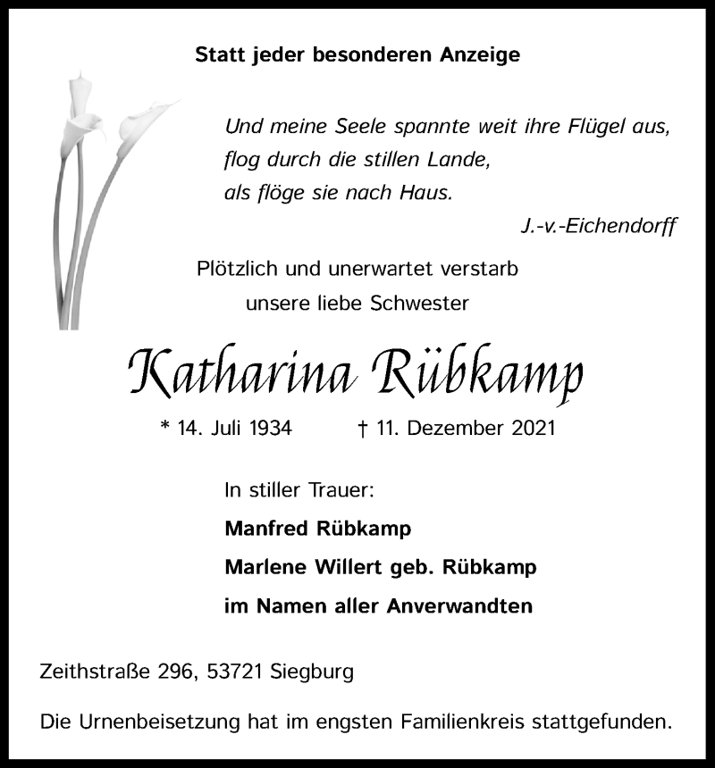  Traueranzeige für Katharina Rübkamp vom 05.01.2022 aus Kölner Stadt-Anzeiger / Kölnische Rundschau / Express