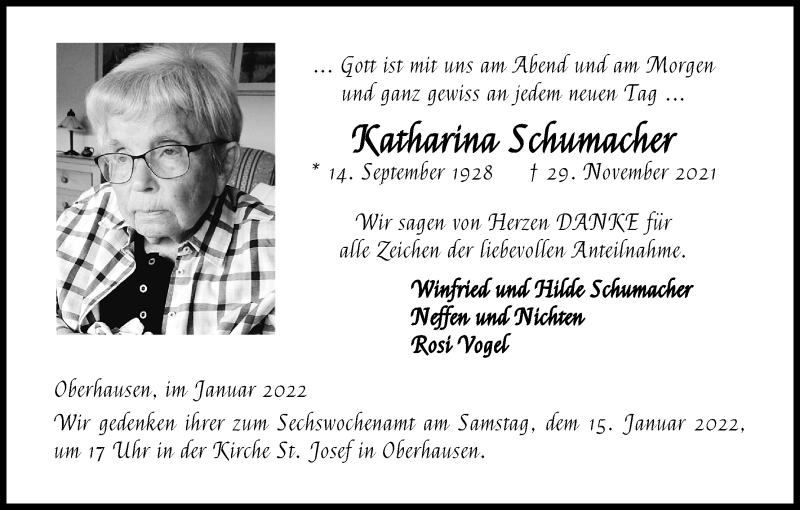  Traueranzeige für Katharina Schumacher vom 08.01.2022 aus Kölner Stadt-Anzeiger / Kölnische Rundschau / Express