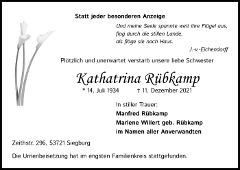 Anzeige von Kathatrina Rübkamp von Kölner Stadt-Anzeiger / Kölnische Rundschau / Express
