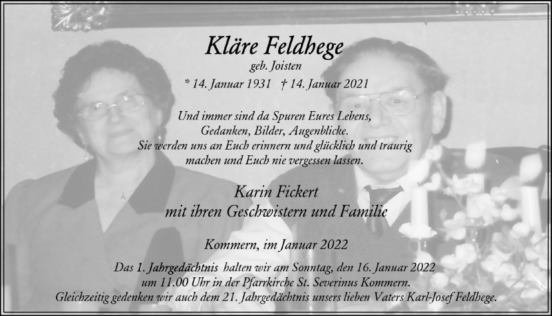  Traueranzeige für Kläre Feldhege vom 08.01.2022 aus  Blickpunkt Euskirchen 