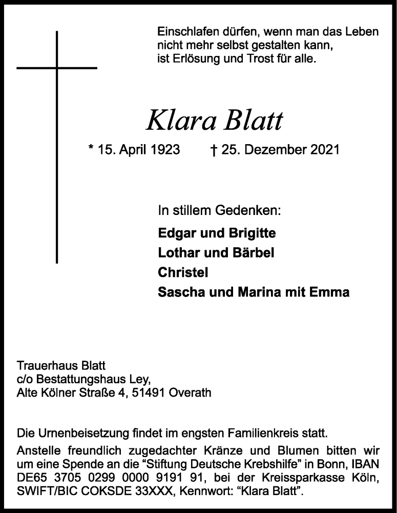  Traueranzeige für Klara Blatt vom 05.01.2022 aus Kölner Stadt-Anzeiger / Kölnische Rundschau / Express