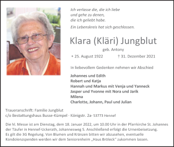 Anzeige von Klara Jungblut von Kölner Stadt-Anzeiger / Kölnische Rundschau / Express
