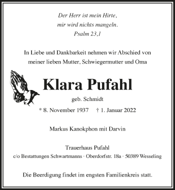 Anzeige von Klara Pufahl von  Schlossbote/Werbekurier 