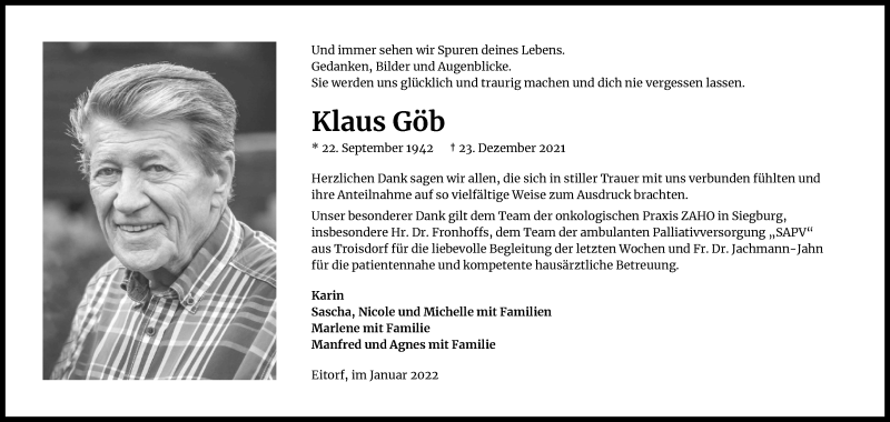  Traueranzeige für Klaus Göb vom 29.01.2022 aus Kölner Stadt-Anzeiger / Kölnische Rundschau / Express