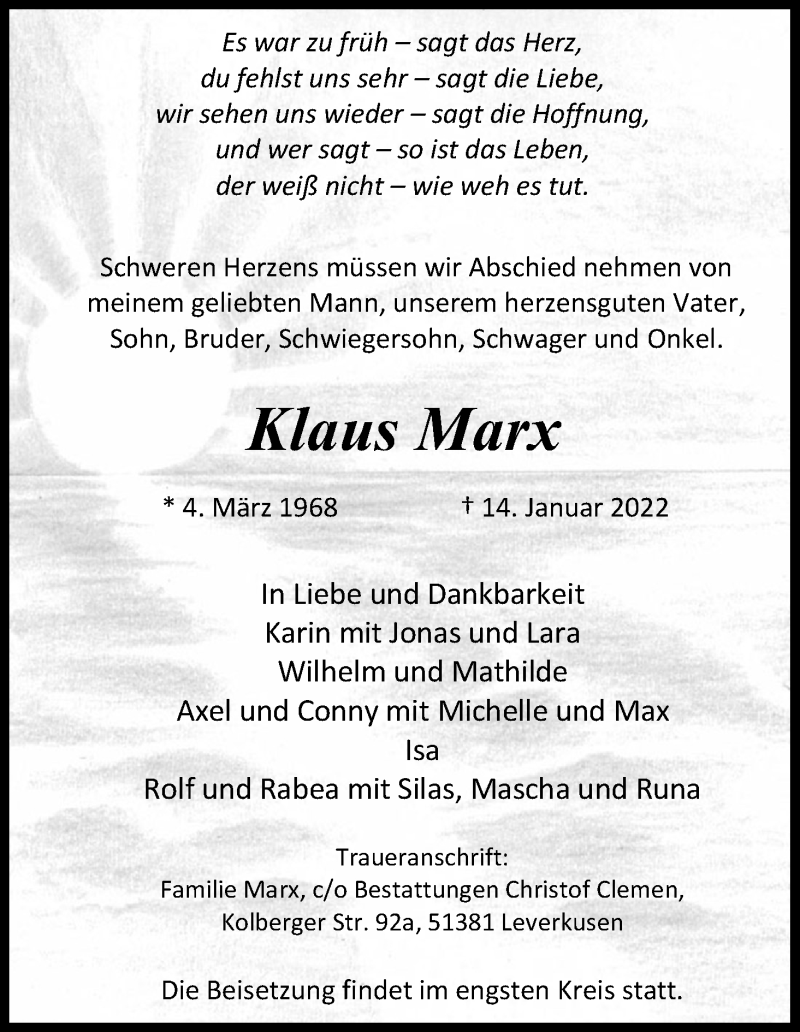  Traueranzeige für Klaus Marx vom 29.01.2022 aus Kölner Stadt-Anzeiger / Kölnische Rundschau / Express