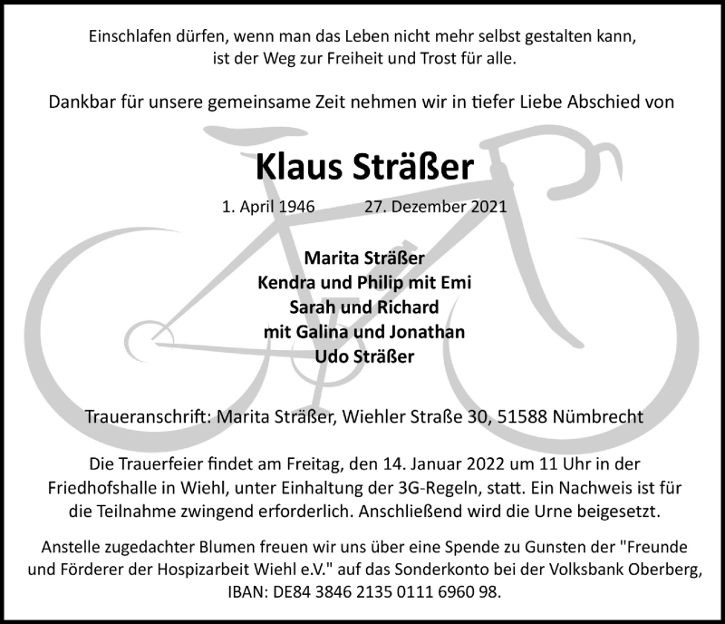  Traueranzeige für Klaus Sträßer vom 07.01.2022 aus  Anzeigen Echo  Lokalanzeiger 