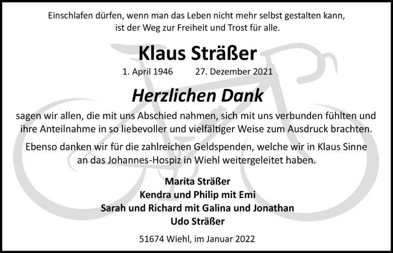  Traueranzeige für Klaus Sträßer vom 28.01.2022 aus  Anzeigen Echo  Lokalanzeiger 