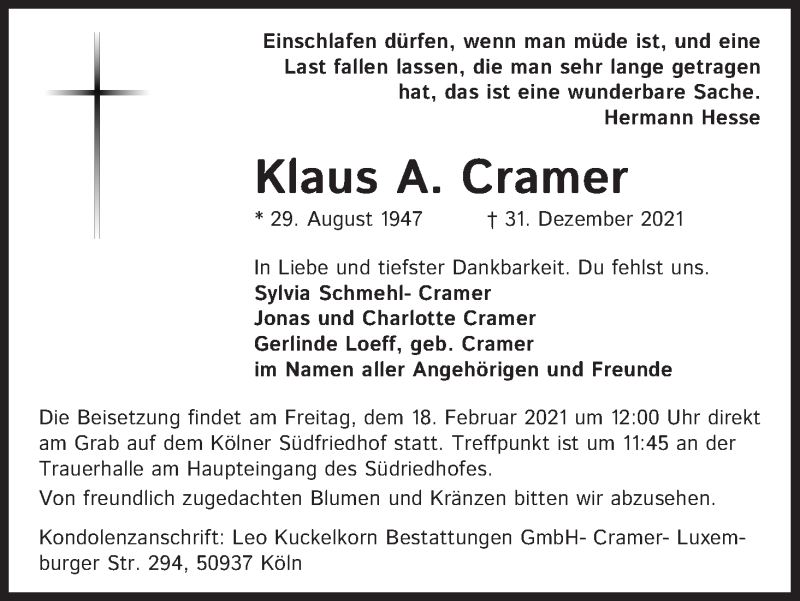  Traueranzeige für Klaus A. Cramer vom 29.01.2022 aus Kölner Stadt-Anzeiger / Kölnische Rundschau / Express