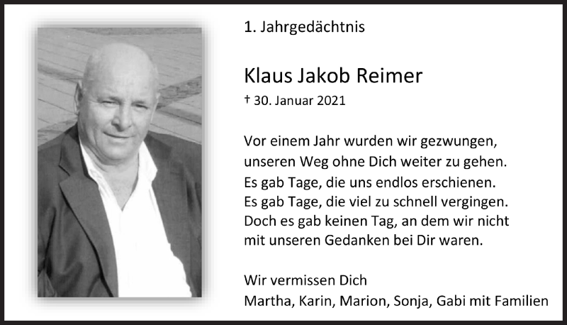  Traueranzeige für Klaus Jakob Reimer vom 29.01.2022 aus  Blickpunkt Euskirchen 