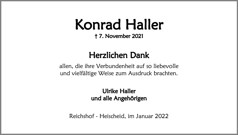  Traueranzeige für Konrad Haller vom 15.01.2022 aus Kölner Stadt-Anzeiger / Kölnische Rundschau / Express