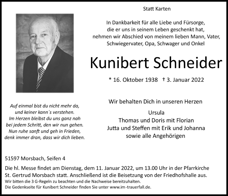  Traueranzeige für Kunibert Schneider vom 07.01.2022 aus  Lokalanzeiger 
