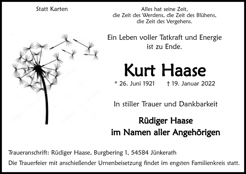  Traueranzeige für Kurt Haase vom 22.01.2022 aus Kölner Stadt-Anzeiger / Kölnische Rundschau / Express