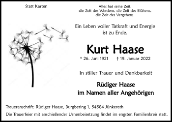 Anzeige von Kurt Haase von Kölner Stadt-Anzeiger / Kölnische Rundschau / Express