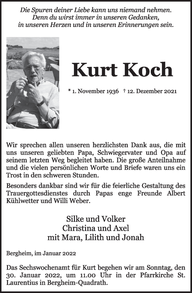  Traueranzeige für Kurt Koch vom 21.01.2022 aus  Werbepost 