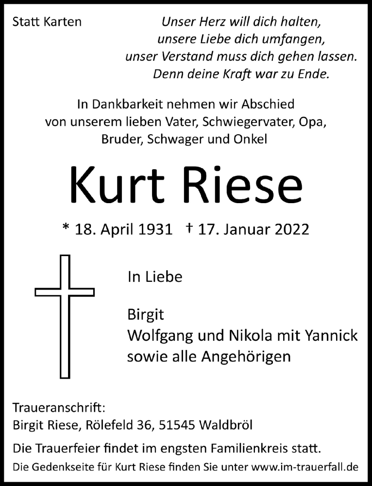  Traueranzeige für Kurt Riese vom 21.01.2022 aus  Lokalanzeiger 