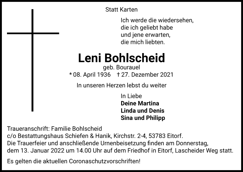  Traueranzeige für Leni Bohlscheid vom 08.01.2022 aus Kölner Stadt-Anzeiger / Kölnische Rundschau / Express