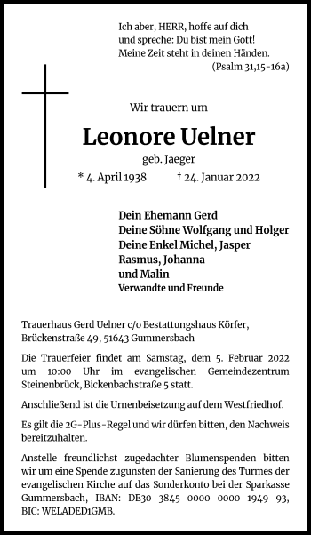 Anzeige von Leonore Uelner von Kölner Stadt-Anzeiger / Kölnische Rundschau / Express