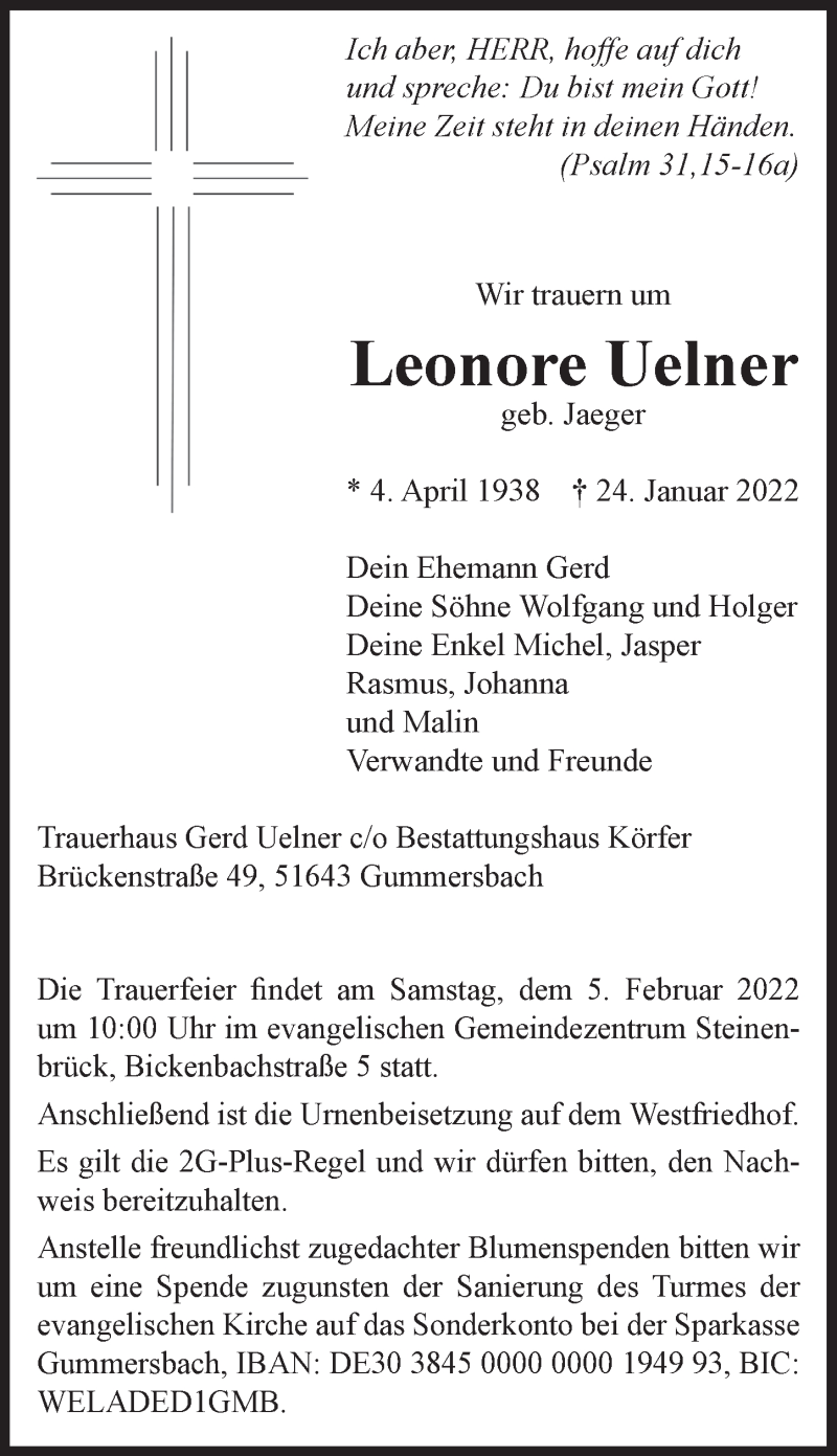  Traueranzeige für Leonore Uelner vom 28.01.2022 aus  Anzeigen Echo 