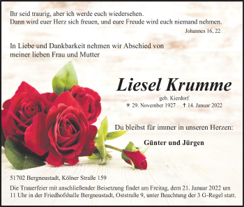 Anzeige von Liesel Krumme von Kölner Stadt-Anzeiger / Kölnische Rundschau / Express