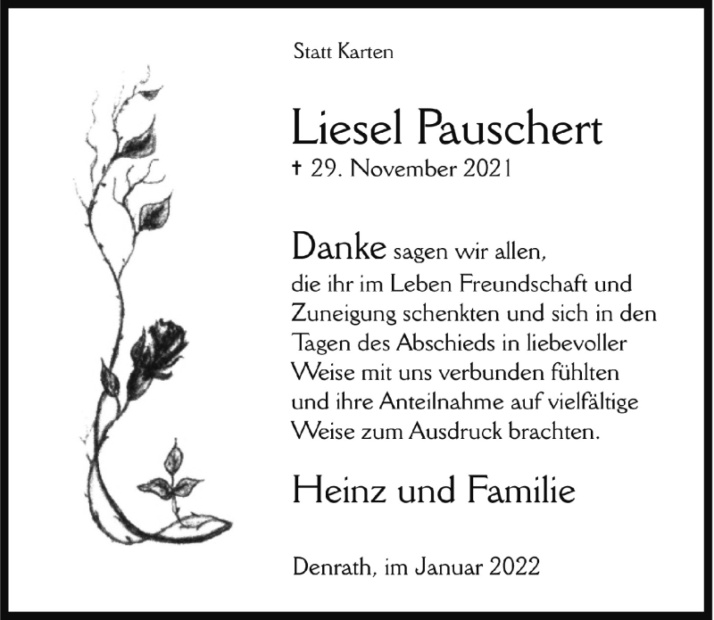  Traueranzeige für Liesel Pauschert vom 15.01.2022 aus  Blickpunkt Euskirchen 