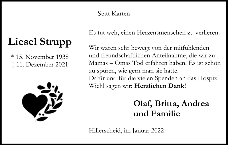  Traueranzeige für Liesel Strupp vom 26.01.2022 aus Kölner Stadt-Anzeiger / Kölnische Rundschau / Express