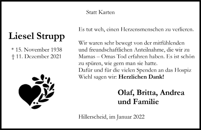  Traueranzeige für Liesel Strupp vom 28.01.2022 aus  Anzeigen Echo 