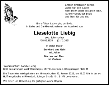 Anzeige von Lieselotte Liebig von Kölner Stadt-Anzeiger / Kölnische Rundschau / Express
