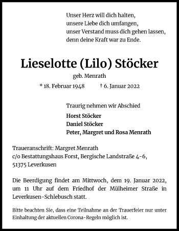 Anzeige von Lieselotte  Stöcker von Kölner Stadt-Anzeiger / Kölnische Rundschau / Express