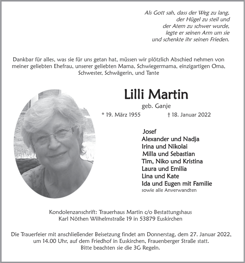  Traueranzeige für Lilli Martin vom 22.01.2022 aus  Blickpunkt Euskirchen 