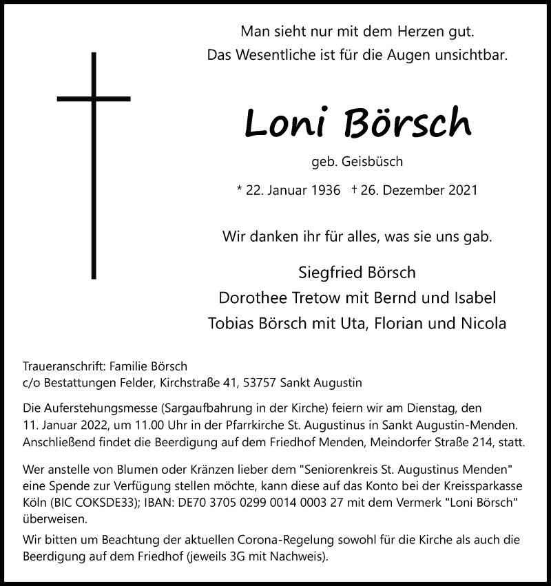  Traueranzeige für Loni Börsch vom 05.01.2022 aus Kölner Stadt-Anzeiger / Kölnische Rundschau / Express