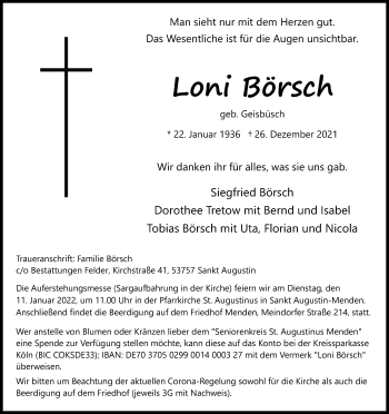 Anzeige von Loni Börsch von Kölner Stadt-Anzeiger / Kölnische Rundschau / Express