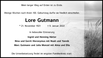 Anzeige von Lore Gutmann von Kölner Stadt-Anzeiger / Kölnische Rundschau / Express