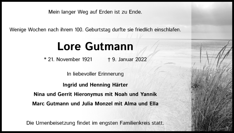  Traueranzeige für Lore Gutmann vom 15.01.2022 aus Kölner Stadt-Anzeiger / Kölnische Rundschau / Express