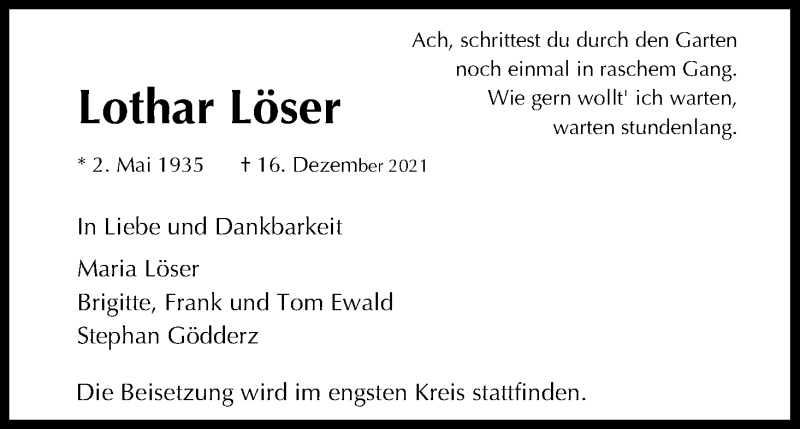  Traueranzeige für Lothar Löser vom 08.01.2022 aus Kölner Stadt-Anzeiger / Kölnische Rundschau / Express
