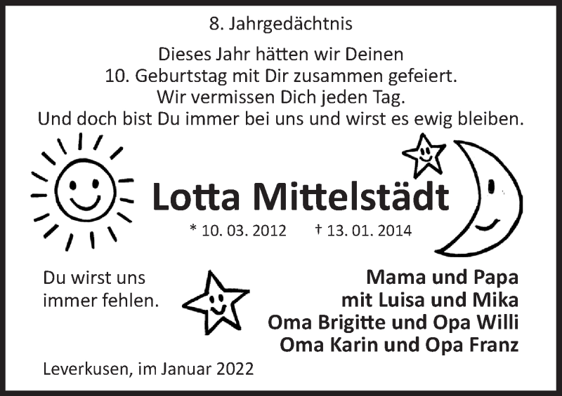  Traueranzeige für Lotta und Mika Mittelstädt vom 07.01.2022 aus  Lokale Informationen 