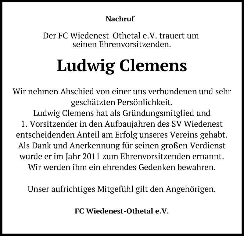  Traueranzeige für Ludwig Clemens vom 29.01.2022 aus Kölner Stadt-Anzeiger / Kölnische Rundschau / Express