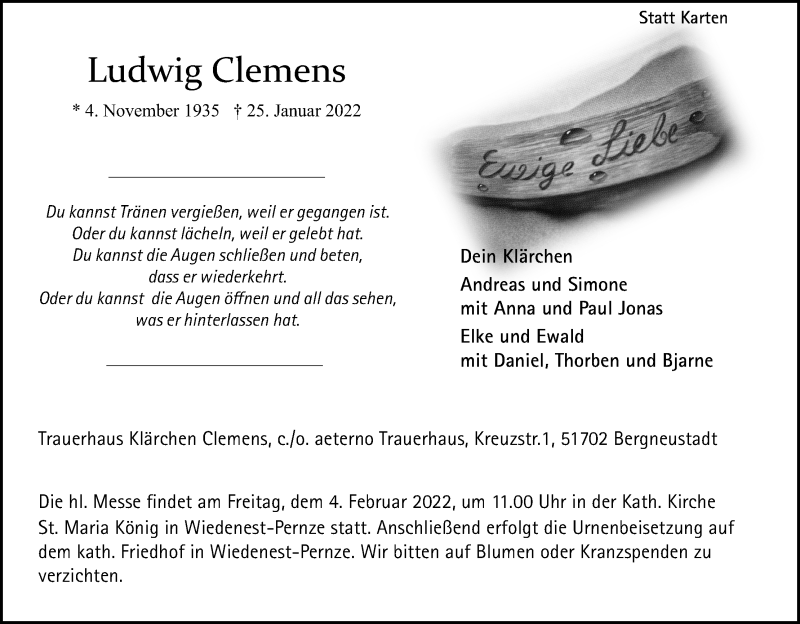  Traueranzeige für Ludwig Clemens vom 29.01.2022 aus Kölner Stadt-Anzeiger / Kölnische Rundschau / Express