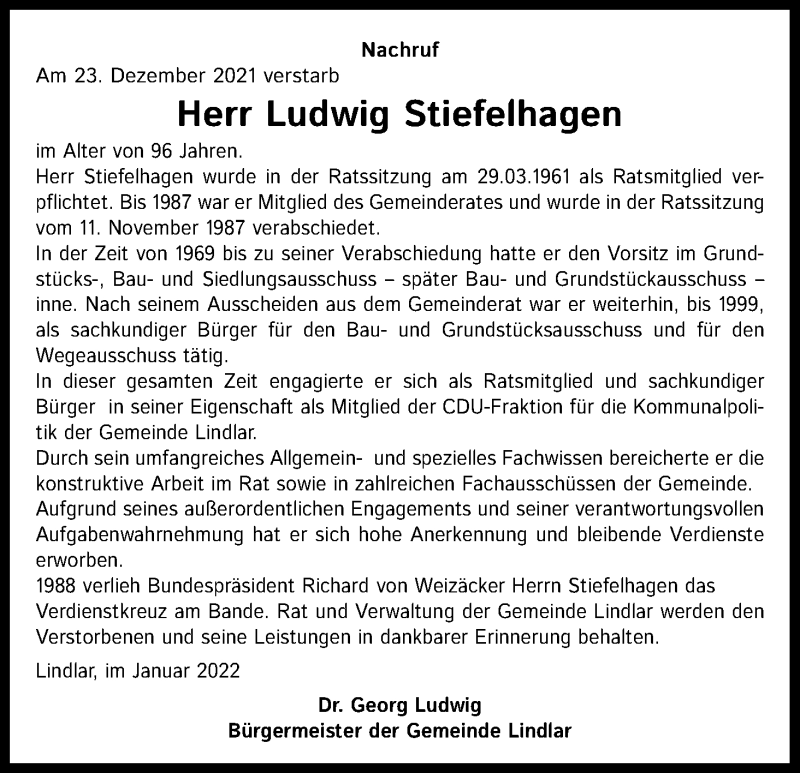  Traueranzeige für Ludwig Stiefelhagen vom 12.01.2022 aus Kölner Stadt-Anzeiger / Kölnische Rundschau / Express