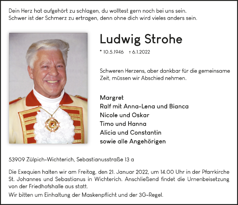  Traueranzeige für Ludwig Strohe vom 15.01.2022 aus  Blickpunkt Euskirchen 